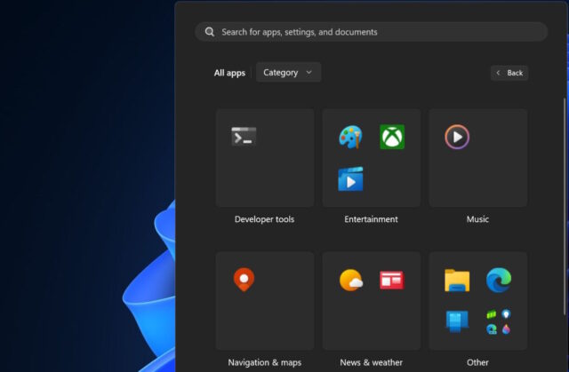 Start menu categories