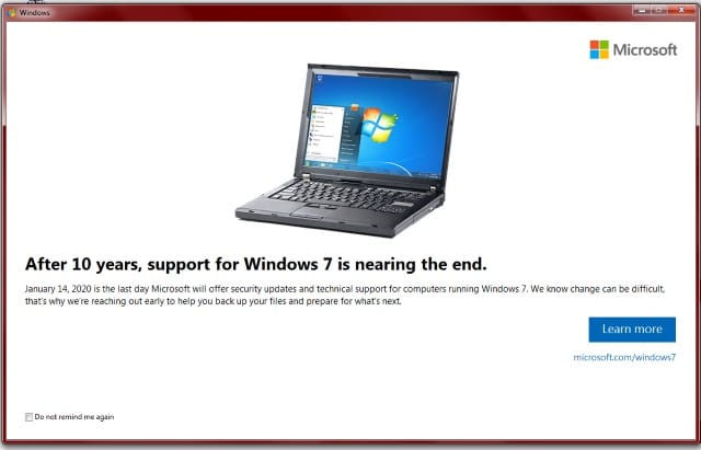 Windows 7 end of support message