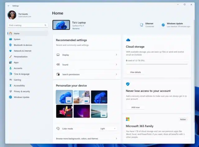 New homepage for Windows 11 Settings app